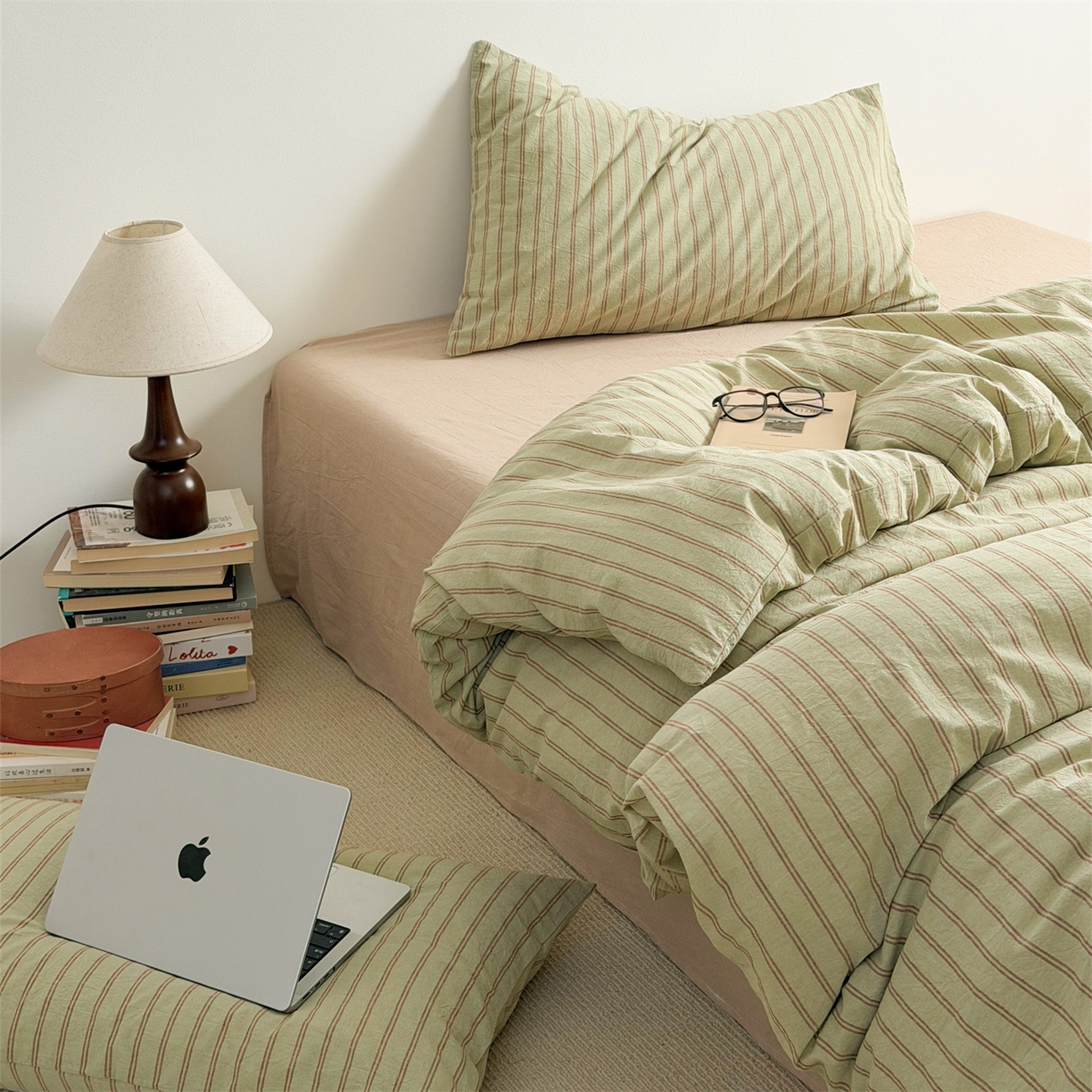 91家纺网 家纺一手货源 找家纺 （总）北欧良品 2026新款A类全棉色织水洗棉侘寂风日系条纹四件套