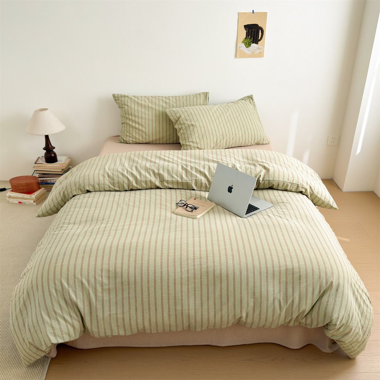 北欧良品 2026新款A类全棉色织水洗棉侘寂风日系条纹四件套 芥绿条