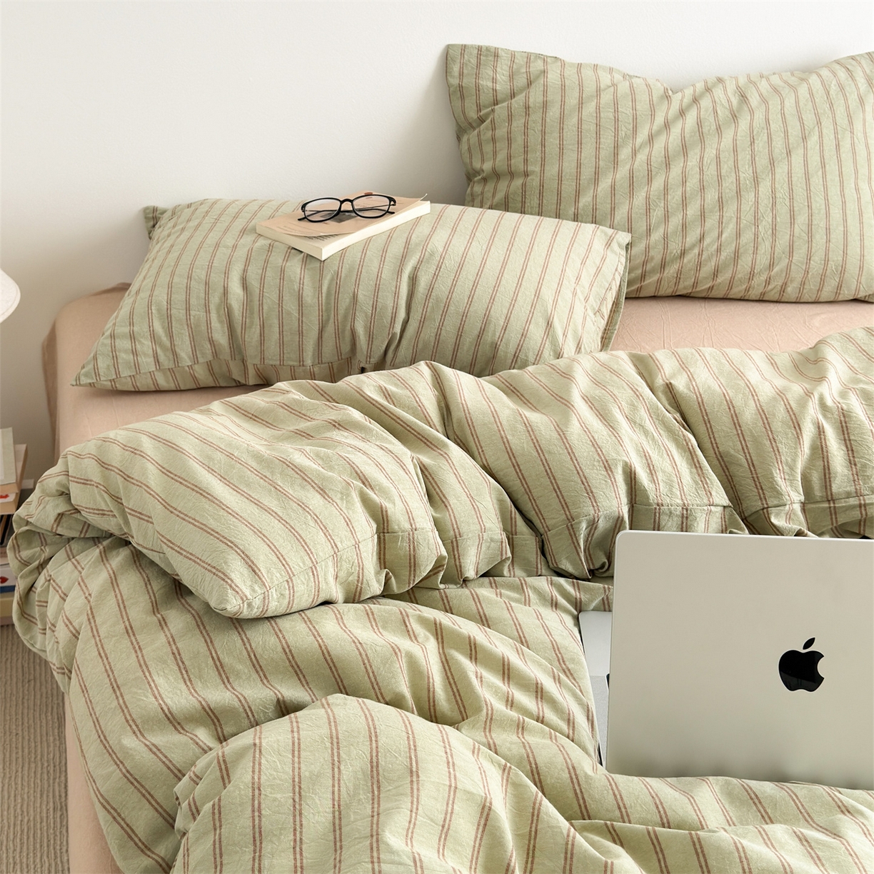 91家纺网 家纺一手货源 找家纺 （总）北欧良品 2026新款A类全棉色织水洗棉侘寂风日系条纹四件套