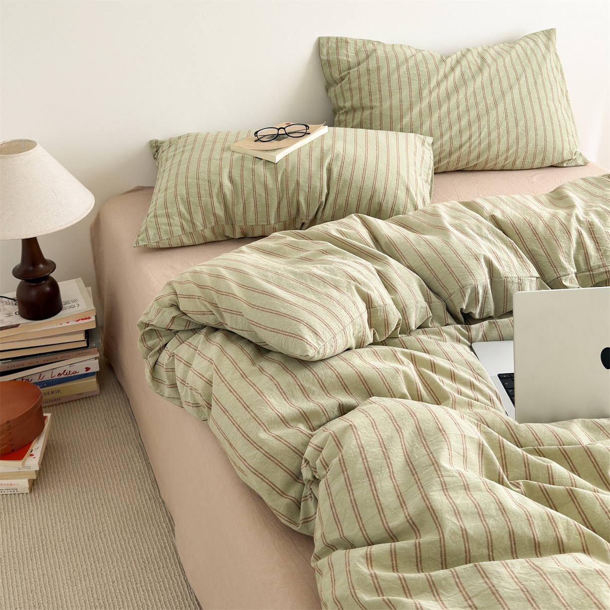 91家纺网 家纺一手货源 找家纺 （总）北欧良品 2026新款A类全棉色织水洗棉侘寂风日系条纹四件套