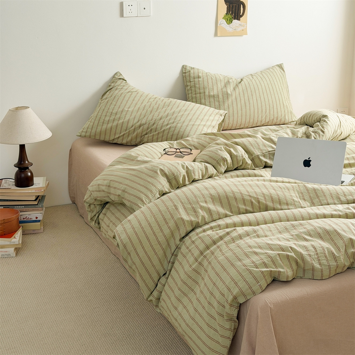 91家纺网 家纺一手货源 找家纺 （总）北欧良品 2026新款A类全棉色织水洗棉侘寂风日系条纹四件套