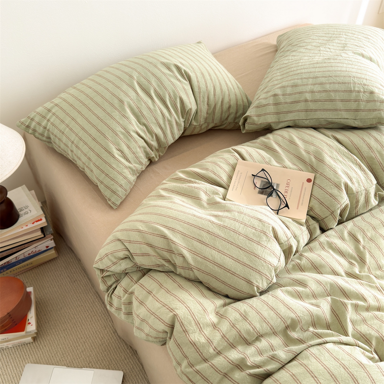 91家纺网 家纺一手货源 找家纺 （总）北欧良品 2026新款A类全棉色织水洗棉侘寂风日系条纹四件套