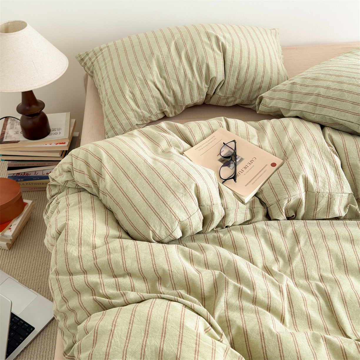 91家纺网 家纺一手货源 找家纺 （总）北欧良品 2026新款A类全棉色织水洗棉侘寂风日系条纹四件套