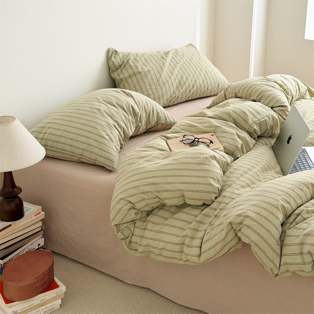 91家纺网 家纺一手货源 找家纺 （总）北欧良品 2026新款A类全棉色织水洗棉侘寂风日系条纹四件套