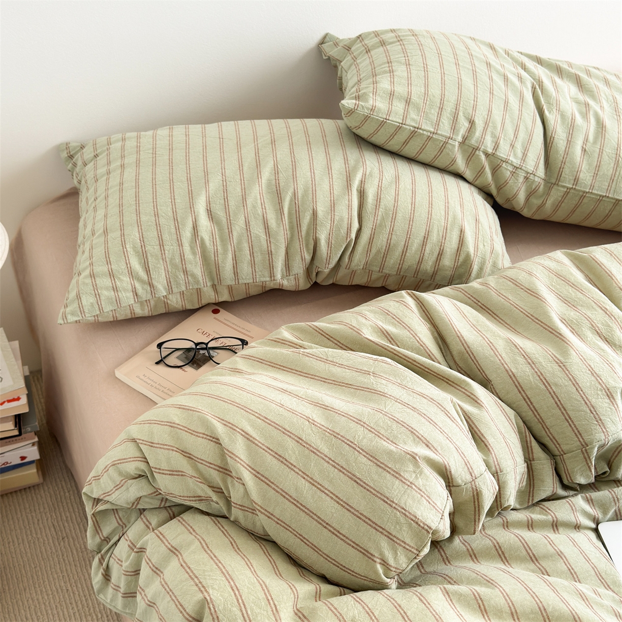 91家纺网 家纺一手货源 找家纺 （总）北欧良品 2026新款A类全棉色织水洗棉侘寂风日系条纹四件套