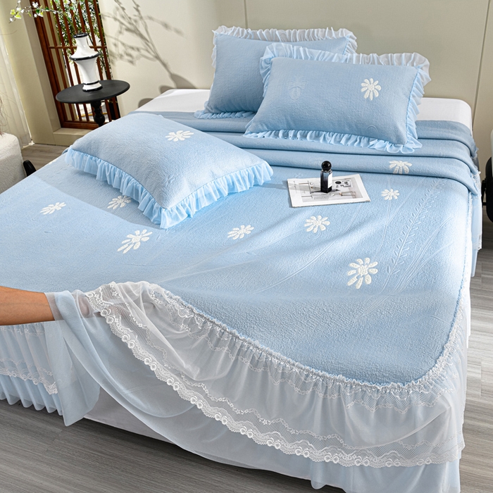 梦之星 2026新款提花面料530克PE凉感因子冰豆豆床裙三件套 漫花-蓝