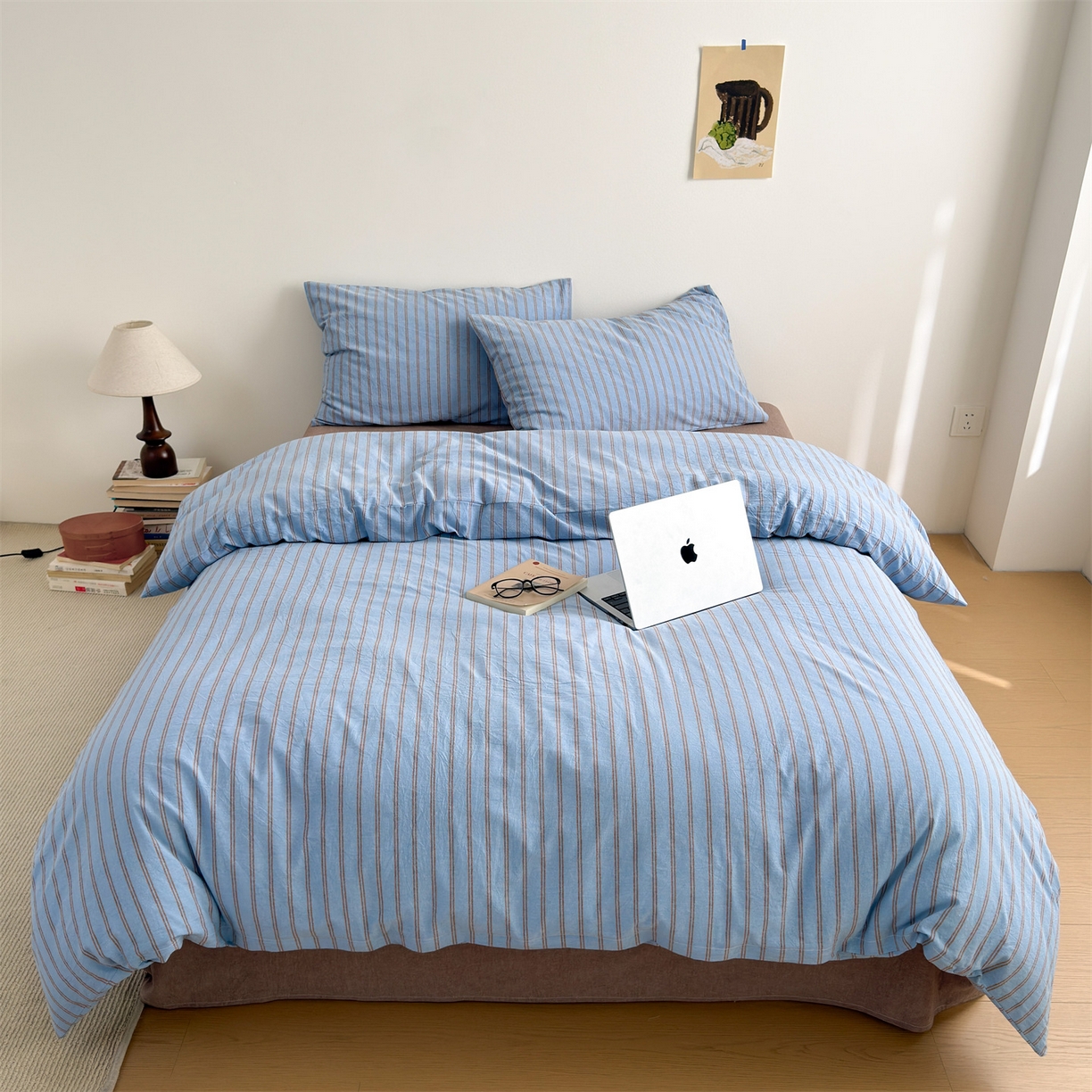 北欧良品 2026新款A类全棉色织水洗棉侘寂风日系条纹四件套 蓝咖条