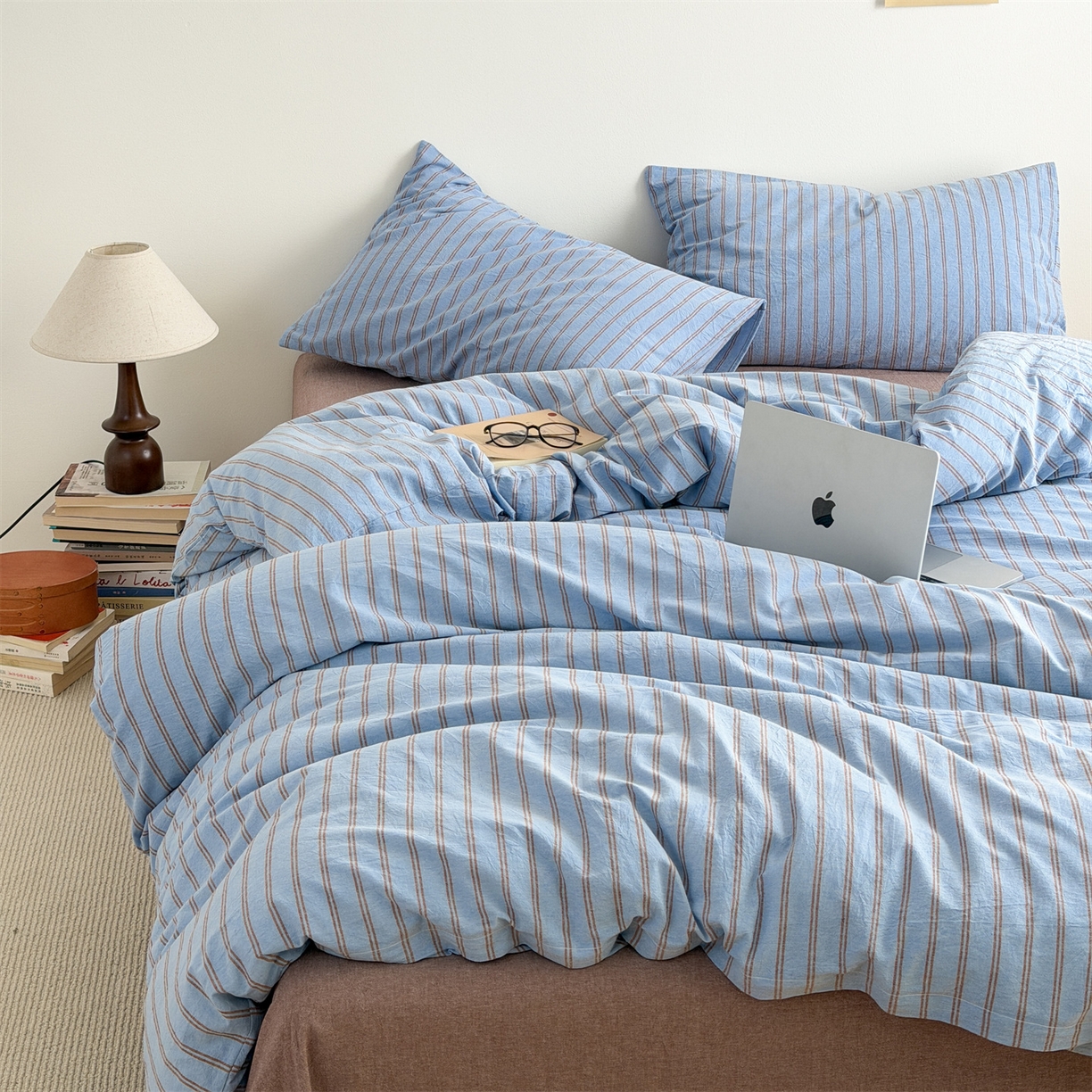 91家纺网 家纺一手货源 找家纺 北欧良品 2026新款A类全棉色织水洗棉侘寂风日系条纹四件套 蓝咖条