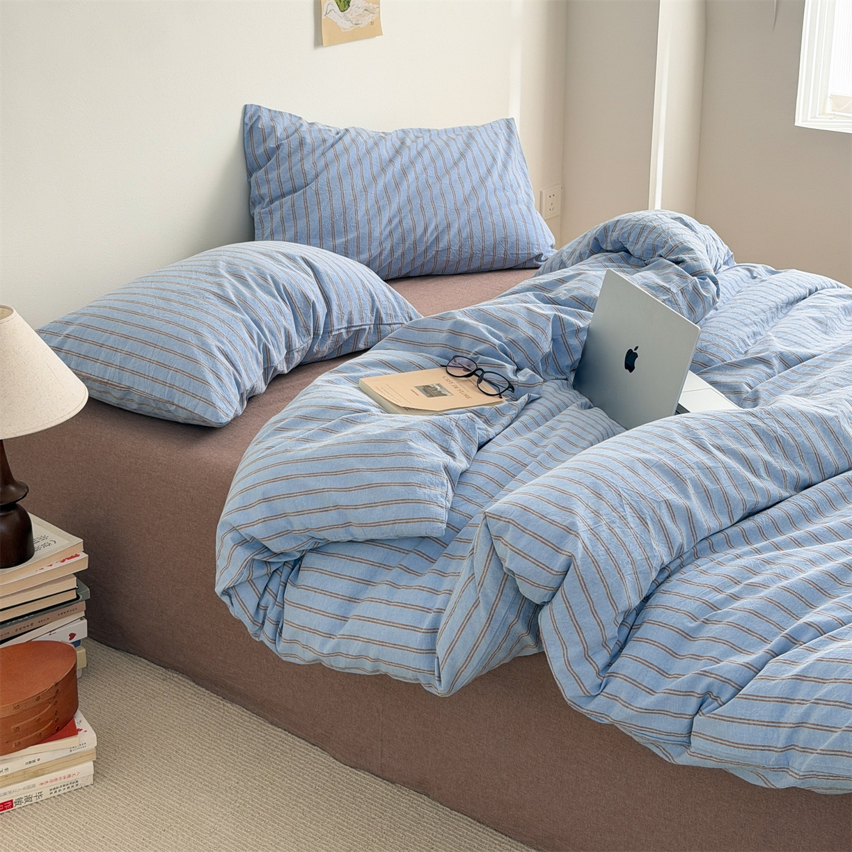 91家纺网 家纺一手货源 找家纺 北欧良品 2026新款A类全棉色织水洗棉侘寂风日系条纹四件套 蓝咖条