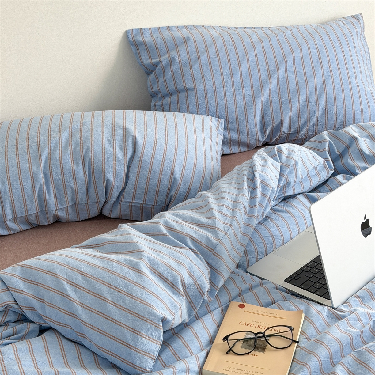 91家纺网 家纺一手货源 找家纺 北欧良品 2026新款A类全棉色织水洗棉侘寂风日系条纹四件套 蓝咖条