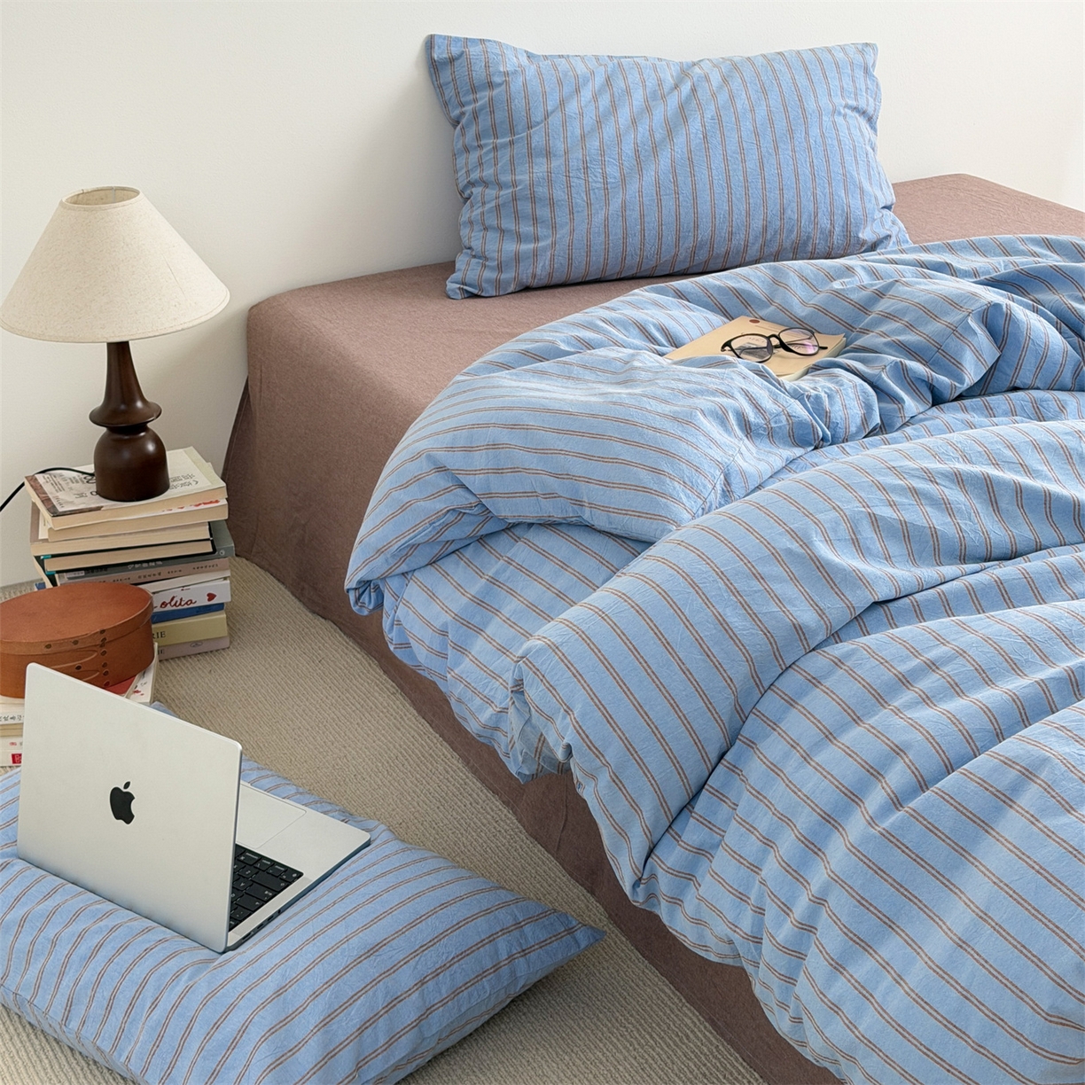 91家纺网 家纺一手货源 找家纺 北欧良品 2026新款A类全棉色织水洗棉侘寂风日系条纹四件套 蓝咖条