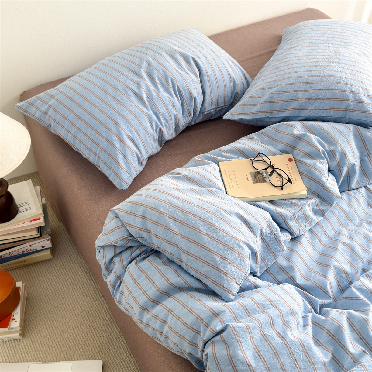 91家纺网 家纺一手货源 找家纺 北欧良品 2026新款A类全棉色织水洗棉侘寂风日系条纹四件套 蓝咖条