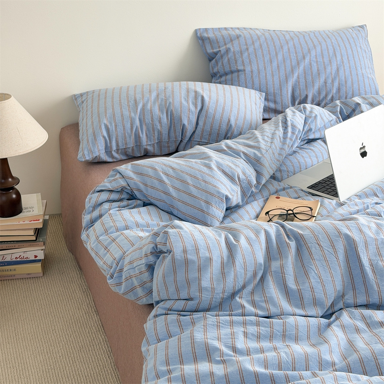 91家纺网 家纺一手货源 找家纺 北欧良品 2026新款A类全棉色织水洗棉侘寂风日系条纹四件套 蓝咖条