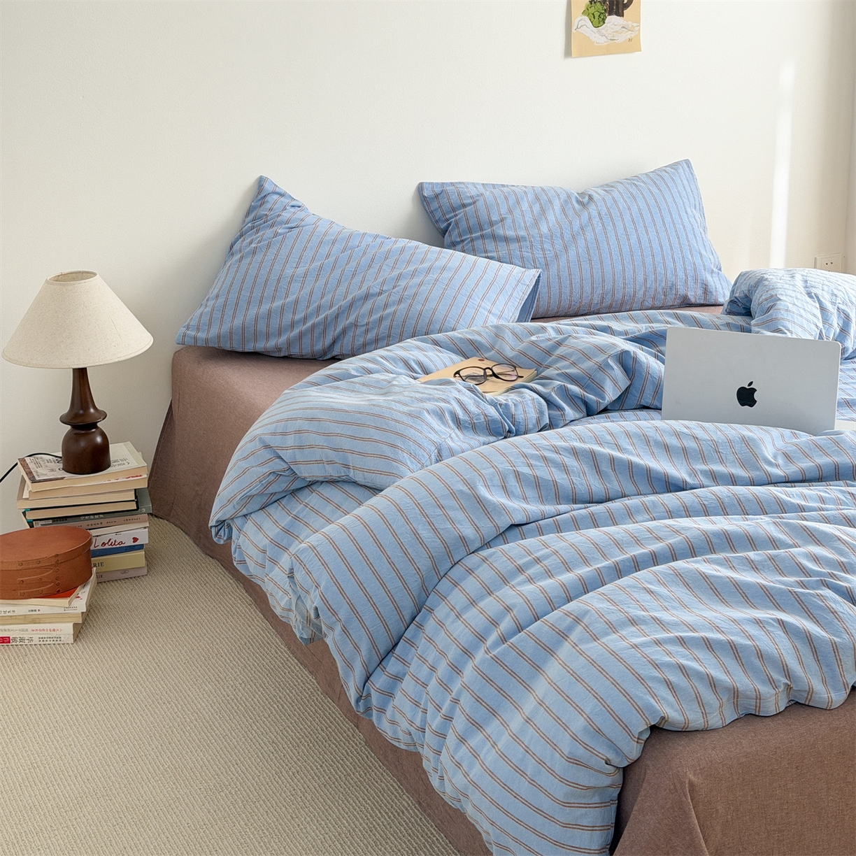 91家纺网 家纺一手货源 找家纺 北欧良品 2026新款A类全棉色织水洗棉侘寂风日系条纹四件套 蓝咖条