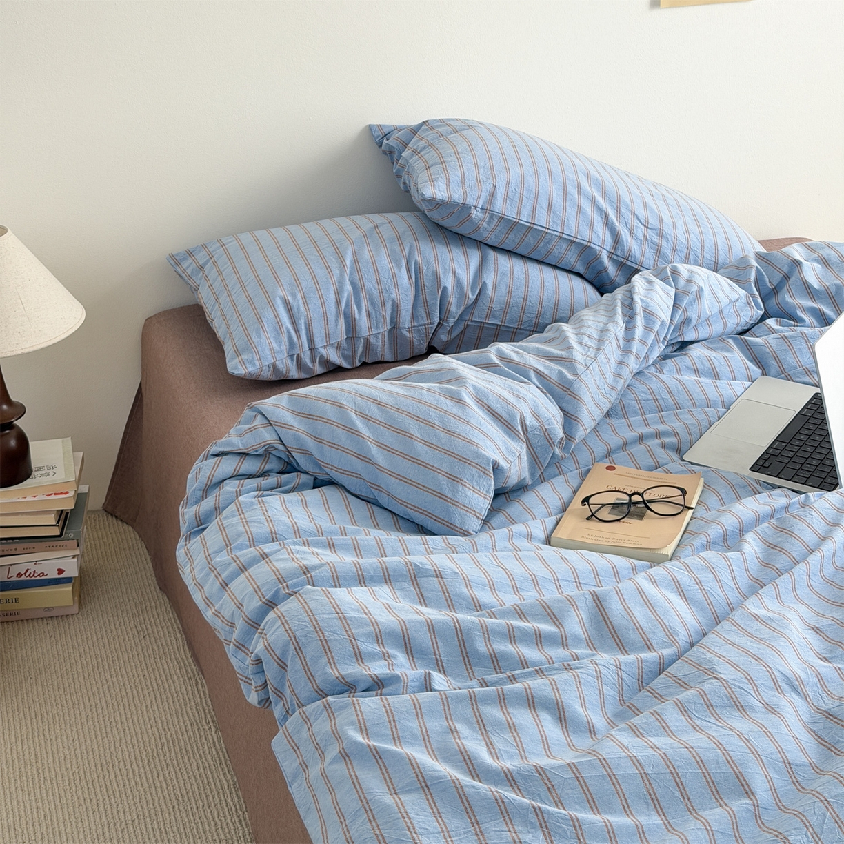 91家纺网 家纺一手货源 找家纺 北欧良品 2026新款A类全棉色织水洗棉侘寂风日系条纹四件套 蓝咖条