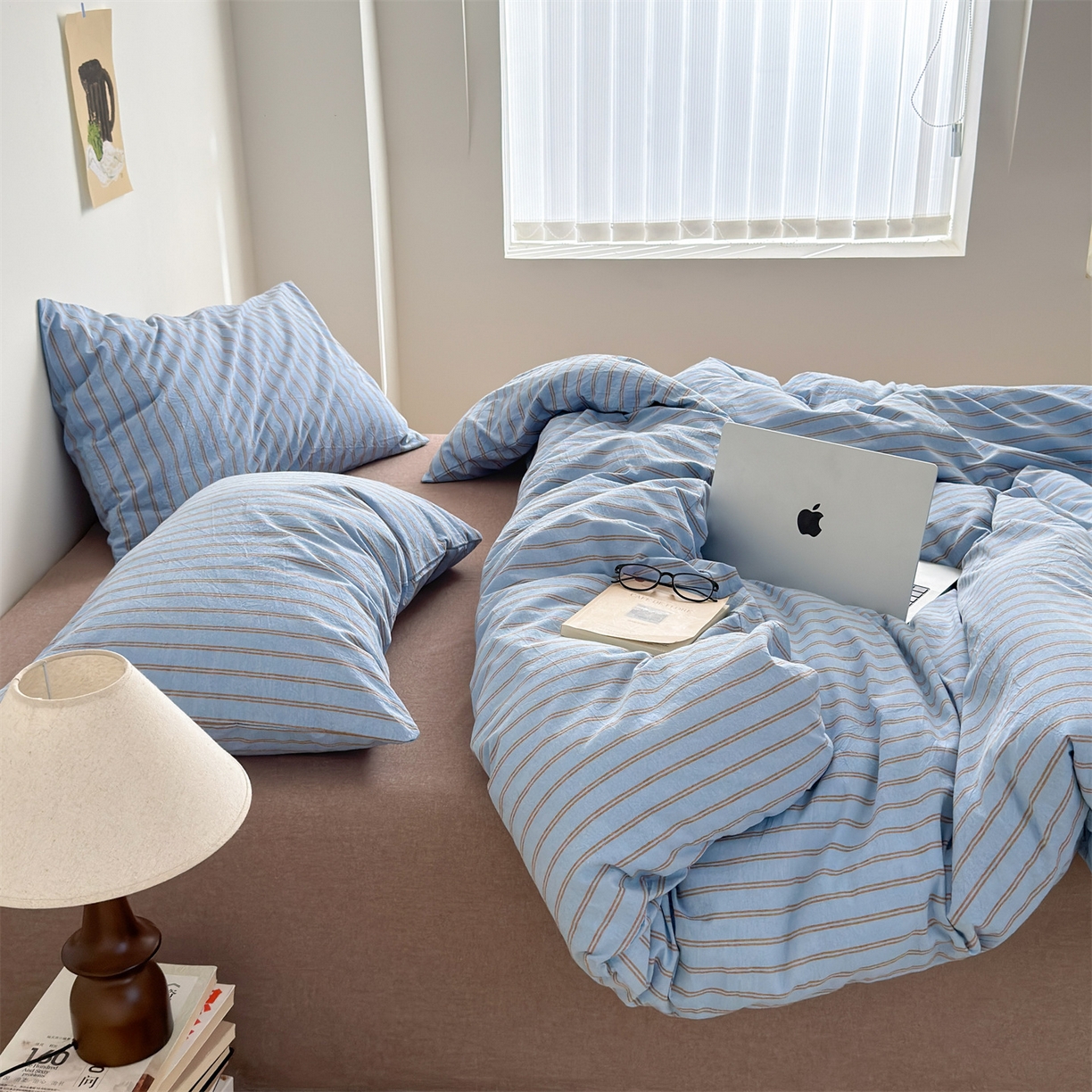 91家纺网 家纺一手货源 找家纺 北欧良品 2026新款A类全棉色织水洗棉侘寂风日系条纹四件套 蓝咖条