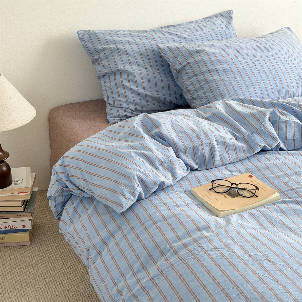 91家纺网 家纺一手货源 找家纺 北欧良品 2026新款A类全棉色织水洗棉侘寂风日系条纹四件套 蓝咖条