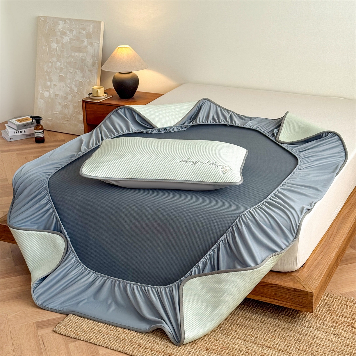 91家纺网 家纺一手货源 找家纺 乐家欣 2026新款5A抗菌PE提花凉感席-蝶舞福禄系列 蝶舞福禄-绿（床笠款）