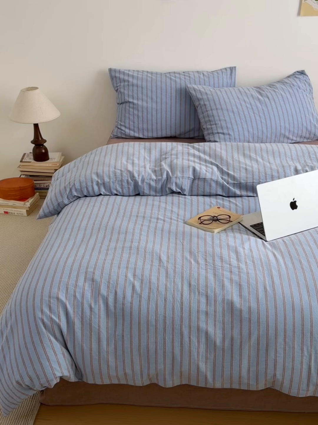 91家纺网 家纺一手货源 找家纺 北欧良品 2026新款A类全棉色织水洗棉侘寂风日系条纹四件套 蓝咖条