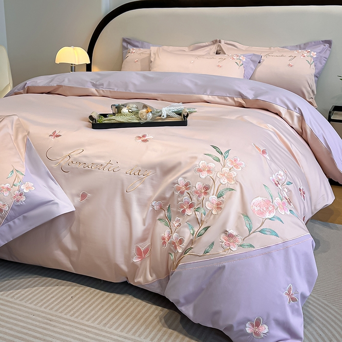 欣宜家纺 2026年新款纯棉全棉长绒棉刺绣绣花四件套 花语-轻奢粉