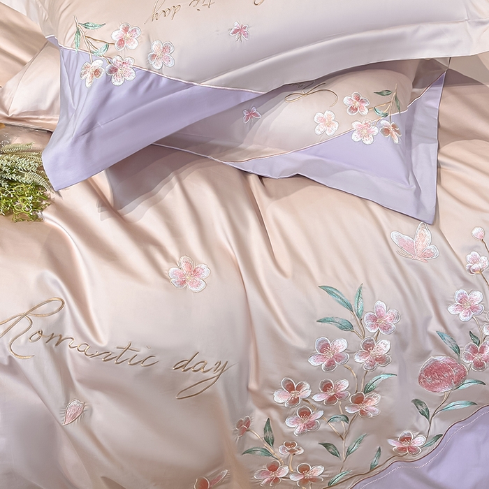 91家纺网 家纺一手货源 找家纺 欣宜家纺 2026年新款纯棉全棉长绒棉刺绣绣花四件套 花语-轻奢粉