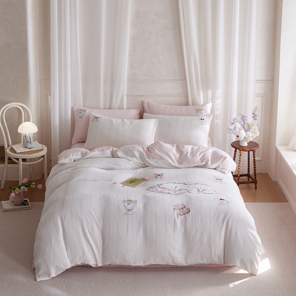（总）沐珩家纺 2026新款直播爆款A类母婴级条纹全棉双层皱皱纱纯棉绣花双层纱四件套