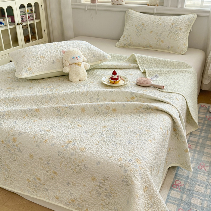 绵庭家纺 2026新款全棉印花夹棉床盖三件套 粉铃花语-黄