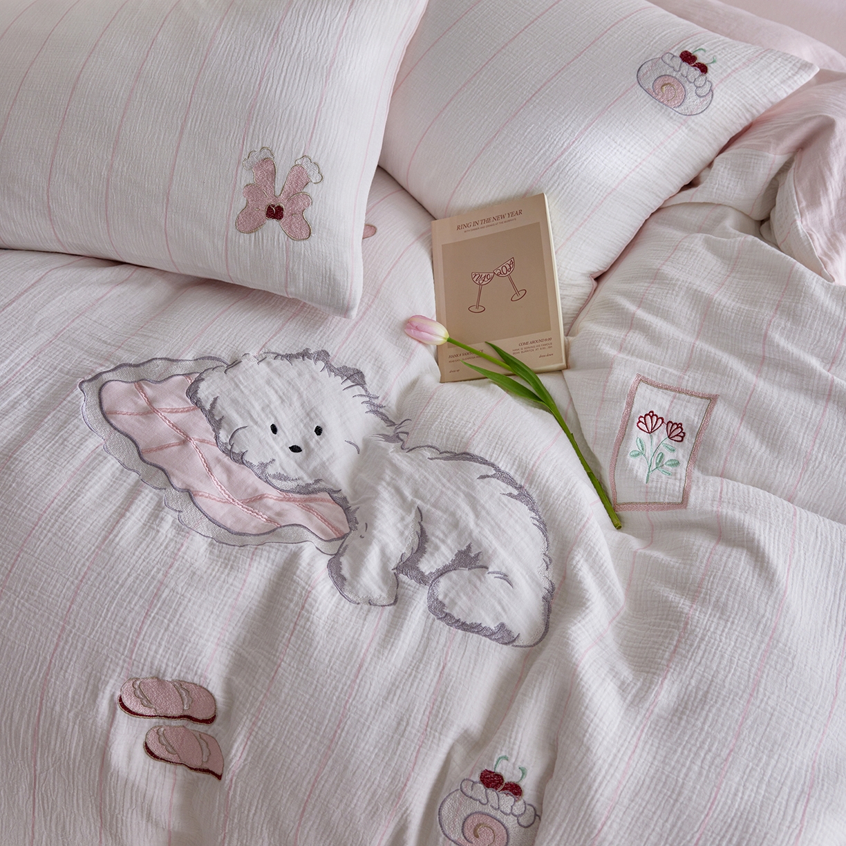 91家纺网 家纺一手货源 找家纺 （总）沐珩家纺 2026新款直播爆款A类母婴级条纹全棉双层皱皱纱纯棉绣花双层纱四件套