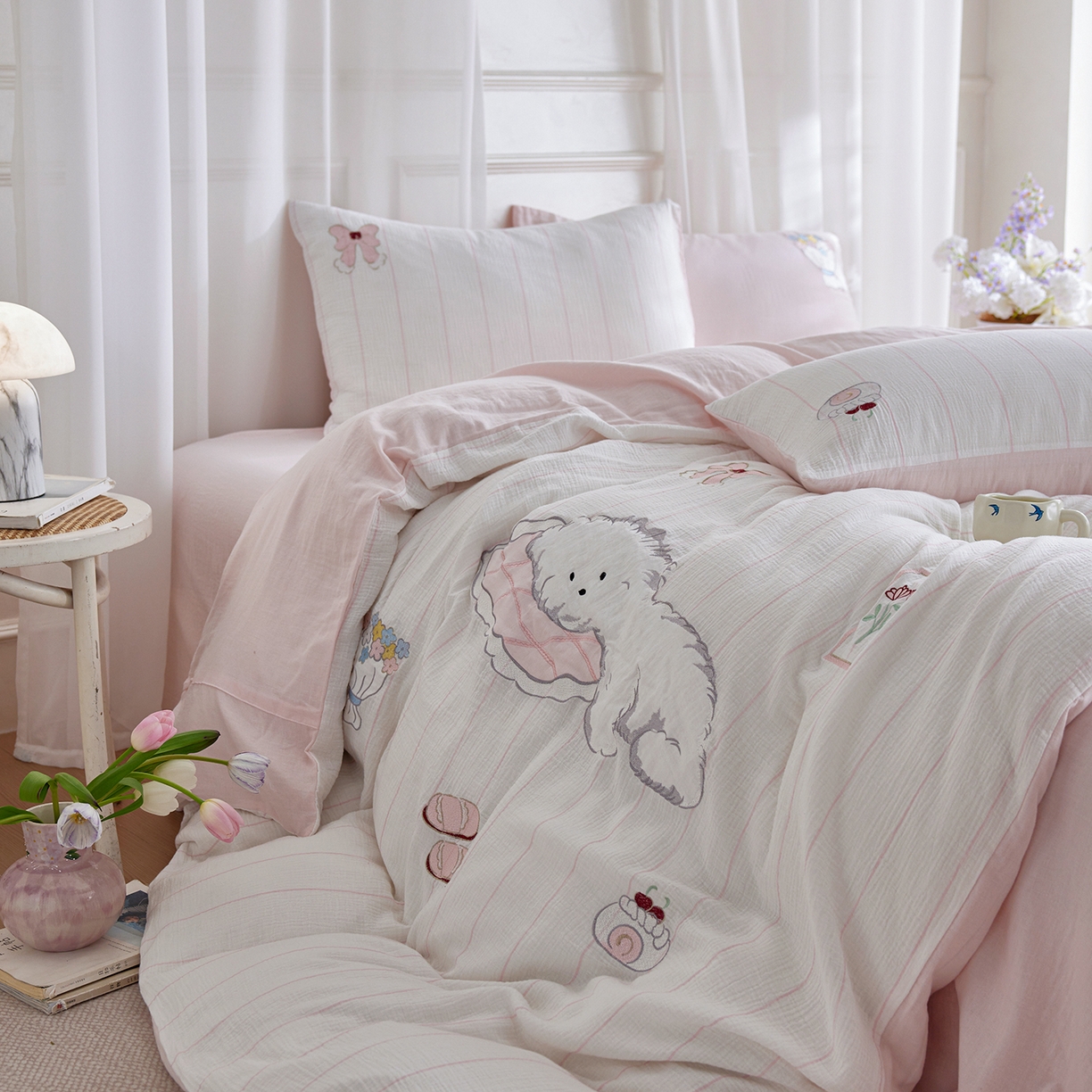 91家纺网 家纺一手货源 找家纺 （总）沐珩家纺 2026新款直播爆款A类母婴级条纹全棉双层皱皱纱纯棉绣花双层纱四件套