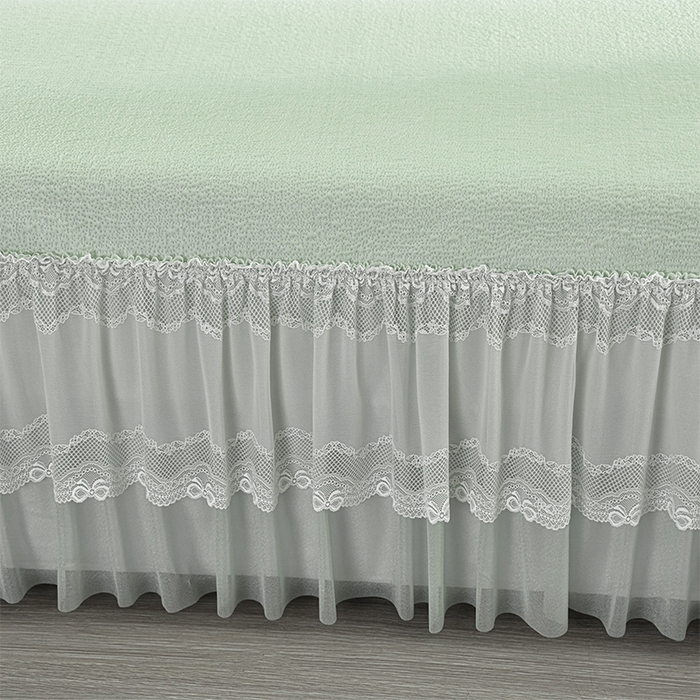 91家纺网 家纺一手货源 找家纺 梦之星 2026新款提花面料530克PE凉感因子冰豆豆床裙三件套 山水-绿