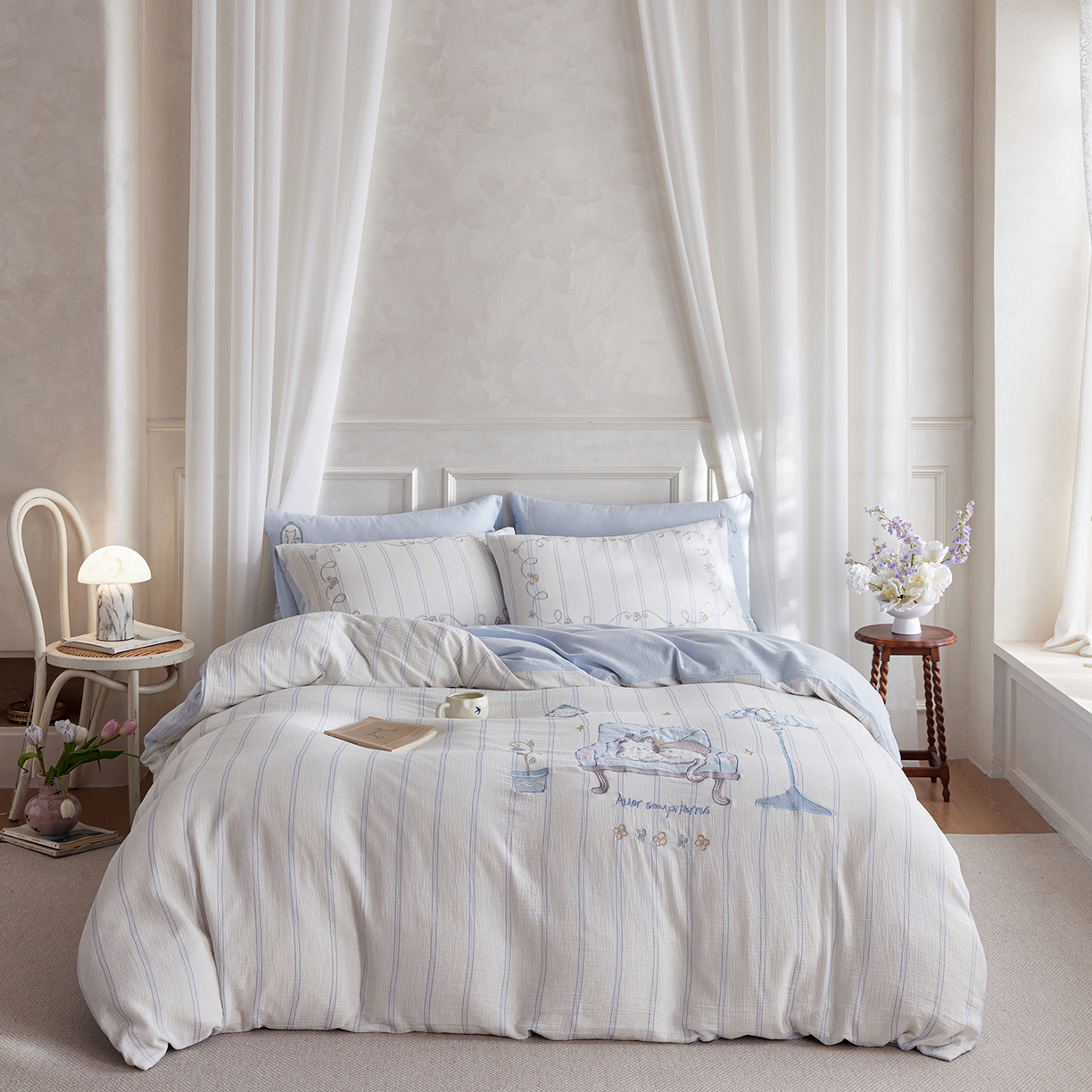 91家纺网 家纺一手货源 找家纺 （总）沐珩家纺 2026新款直播爆款A类母婴级条纹全棉双层皱皱纱纯棉绣花双层纱四件套