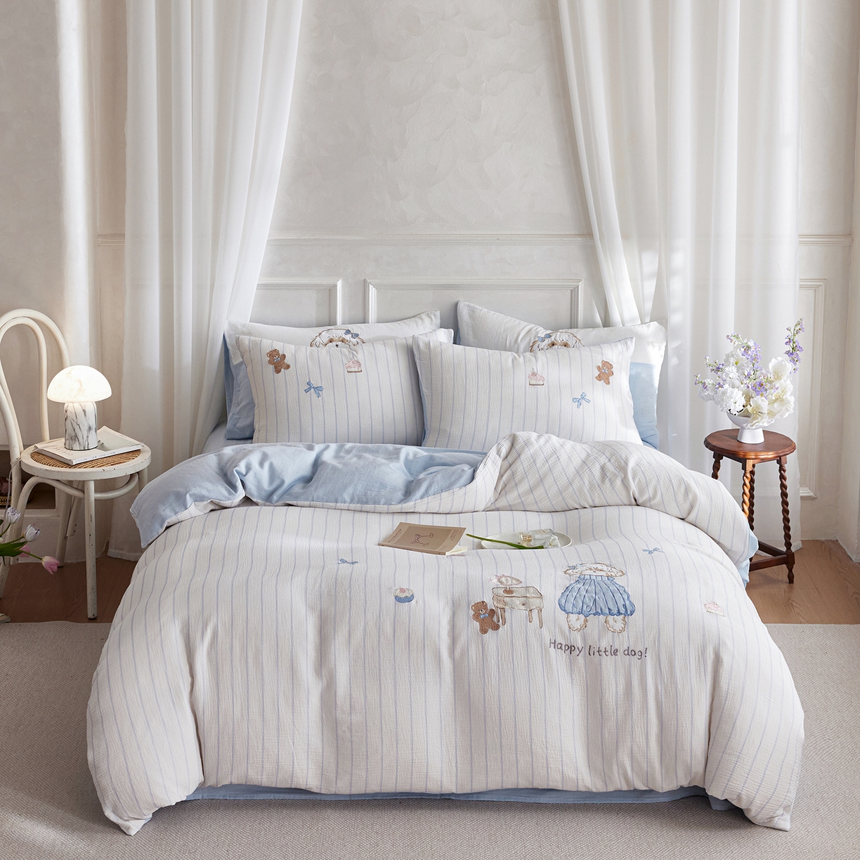 91家纺网 家纺一手货源 找家纺 （总）沐珩家纺 2026新款直播爆款A类母婴级条纹全棉双层皱皱纱纯棉绣花双层纱四件套