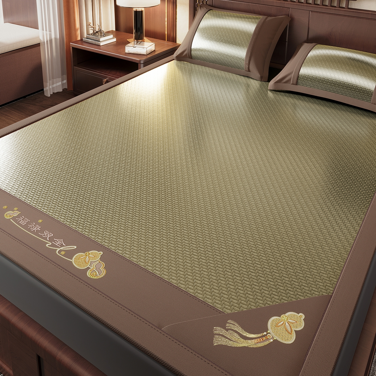 91家纺网 家纺一手货源 找家纺 乐家欣 2026新款夏季高端竹席pe藤席空调软席可水洗席子凉席-葫芦双全 葫芦双全-古铜