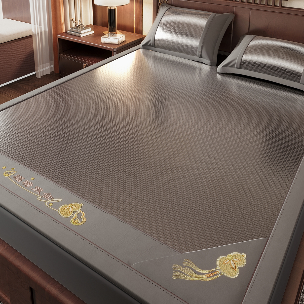 91家纺网 家纺一手货源 找家纺 乐家欣 2026新款夏季高端竹席pe藤席空调软席可水洗席子凉席-葫芦双全 葫芦双全-灰色