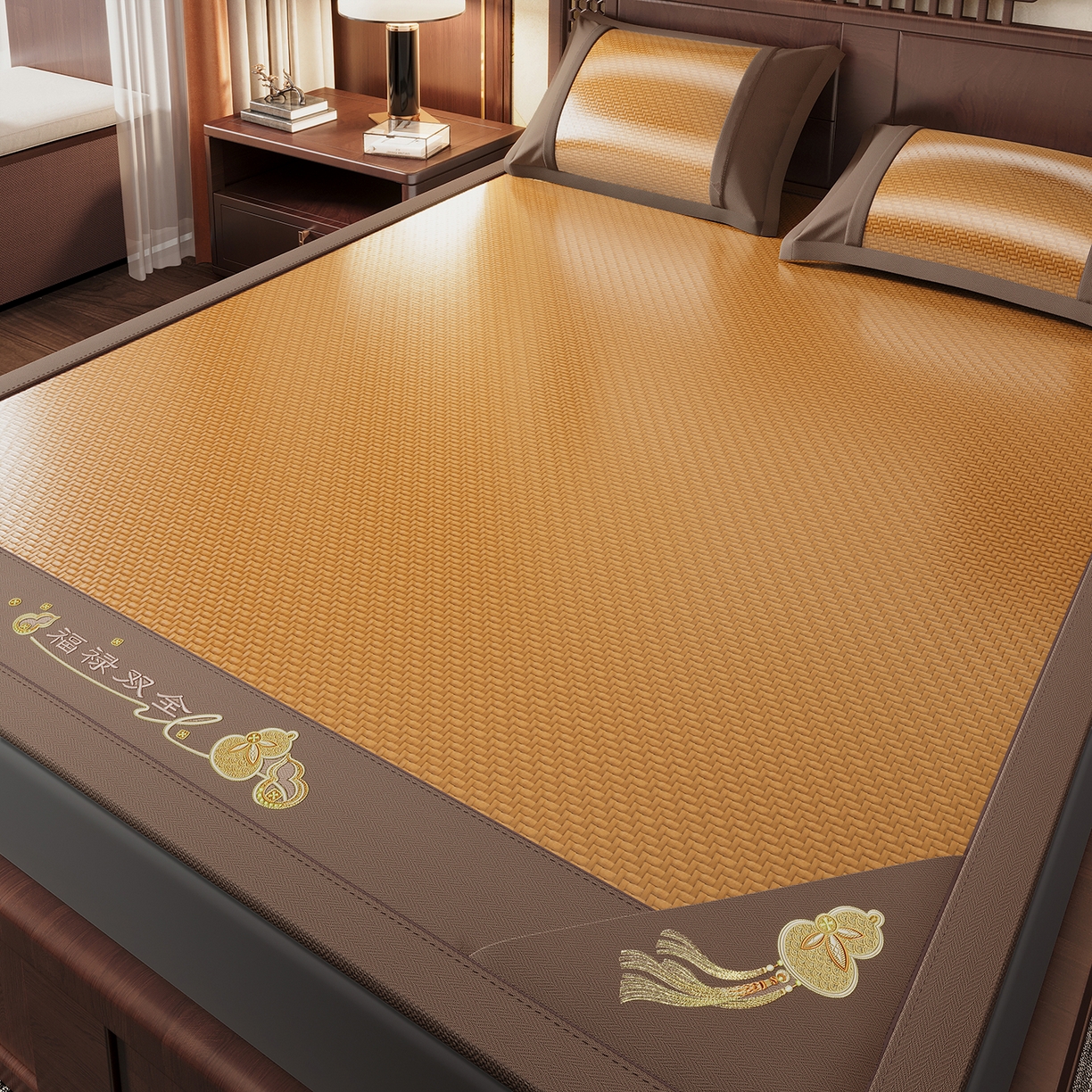 91家纺网 家纺一手货源 找家纺 乐家欣 2026新款夏季高端竹席pe藤席空调软席可水洗席子凉席-葫芦双全 葫芦双全-浅咖