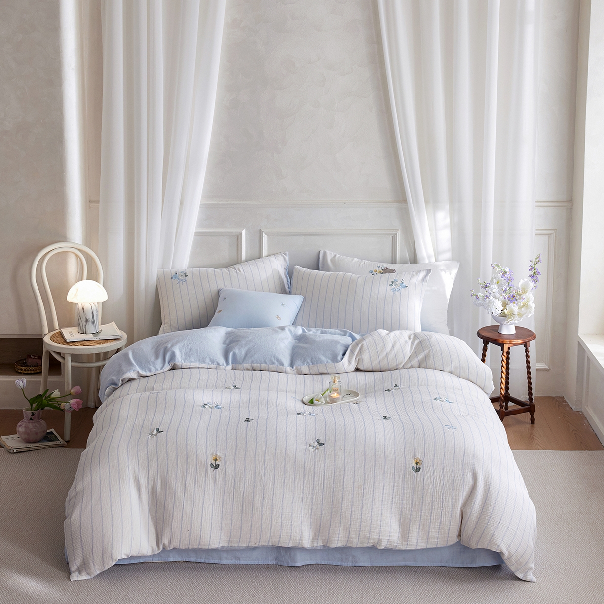 91家纺网 家纺一手货源 找家纺 （总）沐珩家纺 2026新款直播爆款A类母婴级条纹全棉双层皱皱纱纯棉绣花双层纱四件套