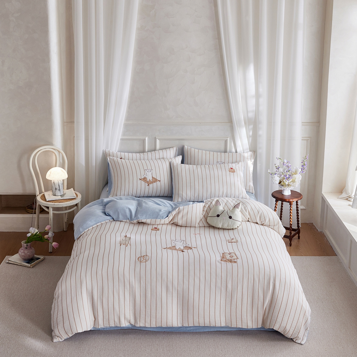 91家纺网 家纺一手货源 找家纺 （总）沐珩家纺 2026新款直播爆款A类母婴级条纹全棉双层皱皱纱纯棉绣花双层纱四件套