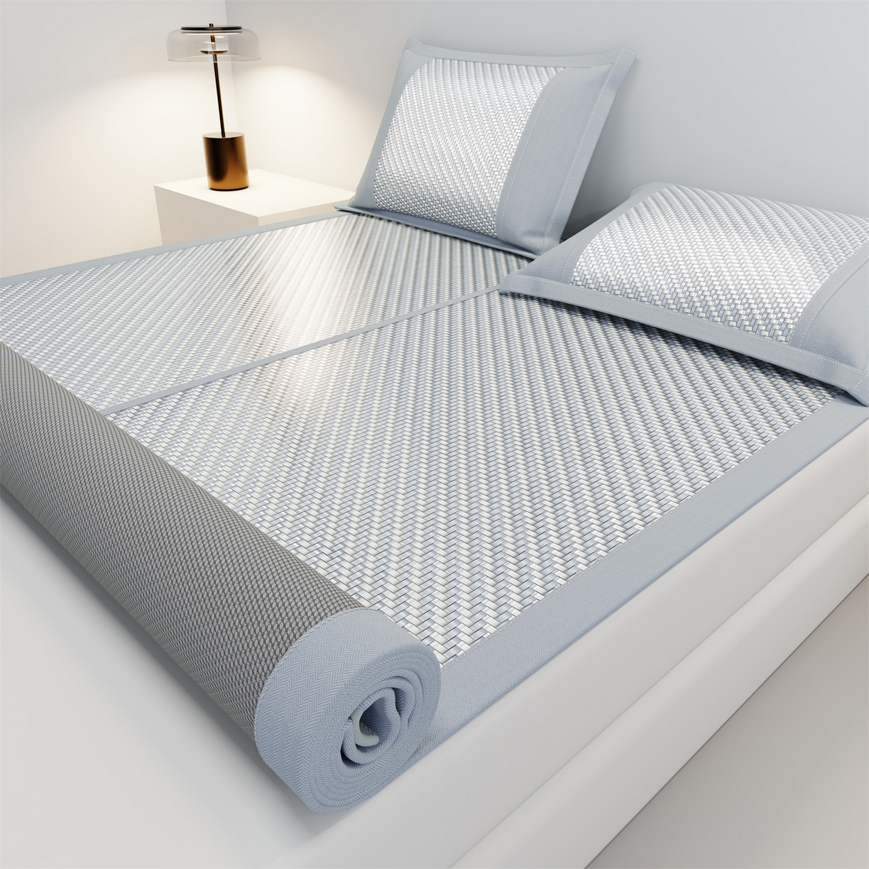 91家纺网 家纺一手货源 找家纺 乐家欣 2026夏季高端凉席竹席新款pe藤席a类母婴级1.8m空调软席子可水洗-青岚织梦系列 青岚织梦-蓝