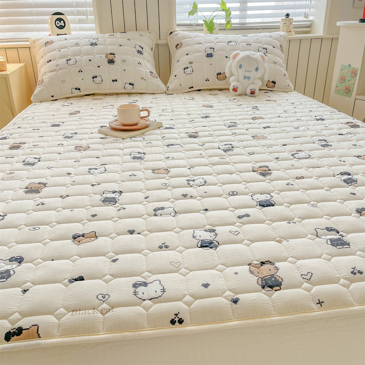 91家纺网 家纺一手货源 找家纺 优眠坊 2026新款亲肤泡芙纱夹棉单床笠床笠单件单品床笠三件套 奥利小猫-夹棉款