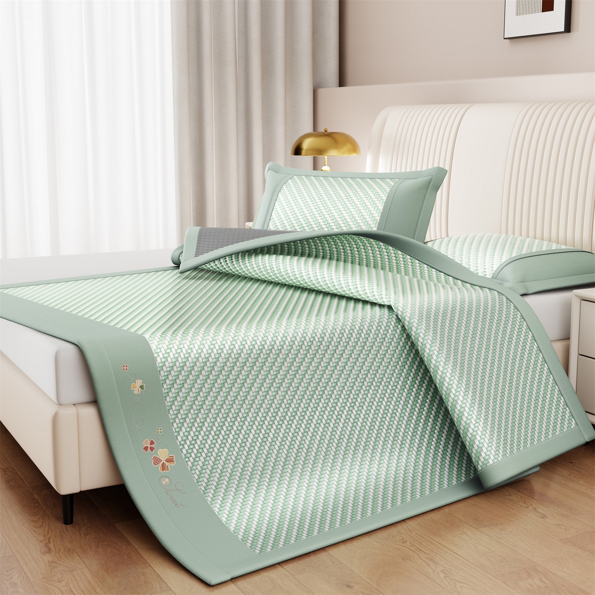 91家纺网 家纺一手货源 找家纺 乐家欣 2026夏季高端凉席竹席新款pe藤席a类母婴级1.8m空调软席子可水洗-四叶花语 四叶花语-绿