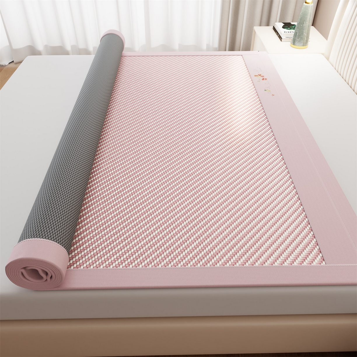 91家纺网 家纺一手货源 找家纺 乐家欣 2026夏季高端凉席竹席新款pe藤席a类母婴级1.8m空调软席子可水洗-四叶花语 四叶花语-粉