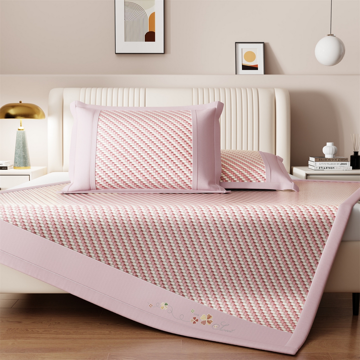 91家纺网 家纺一手货源 找家纺 乐家欣 2026夏季高端凉席竹席新款pe藤席a类母婴级1.8m空调软席子可水洗-四叶花语 四叶花语-粉