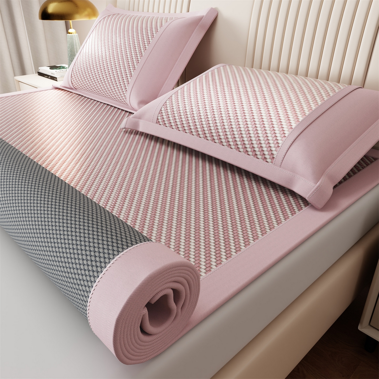 91家纺网 家纺一手货源 找家纺 乐家欣 2026夏季高端凉席竹席新款pe藤席a类母婴级1.8m空调软席子可水洗-四叶花语 四叶花语-粉