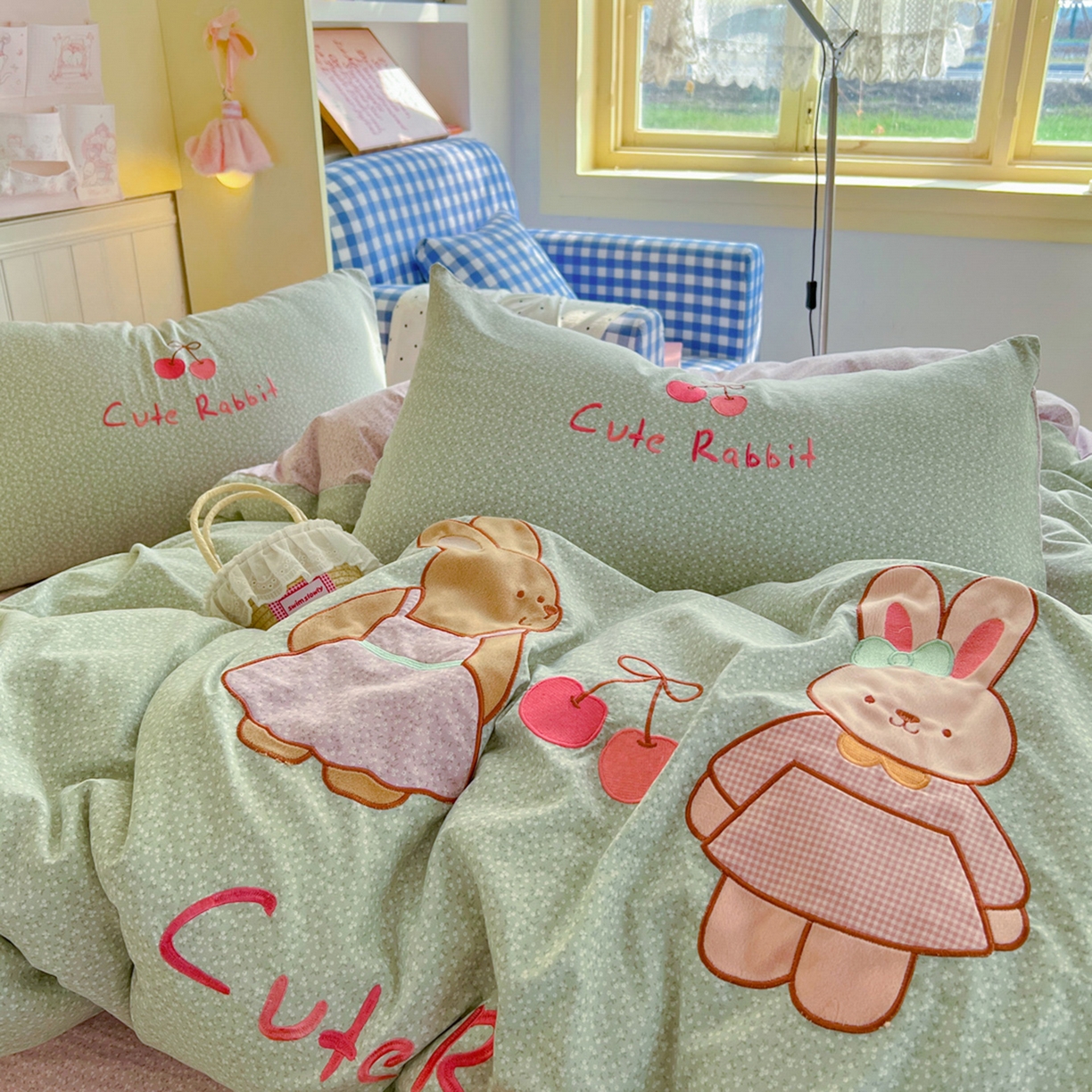 梵克保罗 2026春夏直播热款卡通贴布绣加厚单人双人单被套三件套四件套 萌萌兔绿