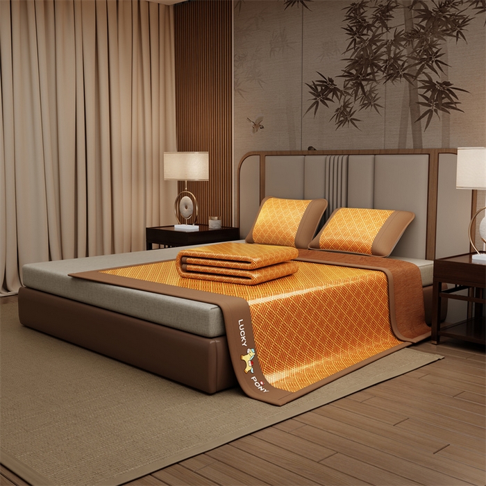 91家纺网 家纺一手货源 找家纺 缦吉 2026新款植物草本凉感刺绣藤席凉席-马上平安 马上平安-金雅纹