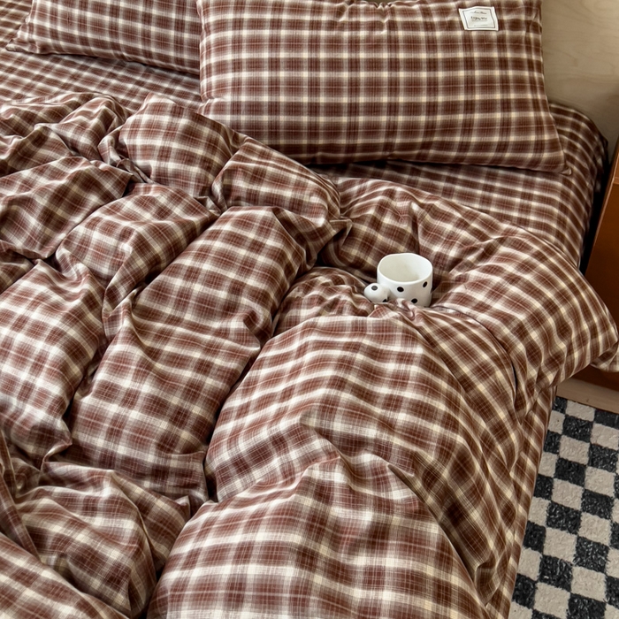 91家纺网 家纺一手货源 找家纺 花香四季家纺 2026新款简约全棉高织高密色织纯棉水洗棉四件套 焦糖