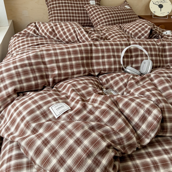 91家纺网 家纺一手货源 找家纺 花香四季家纺 2026新款简约全棉高织高密色织纯棉水洗棉四件套 焦糖