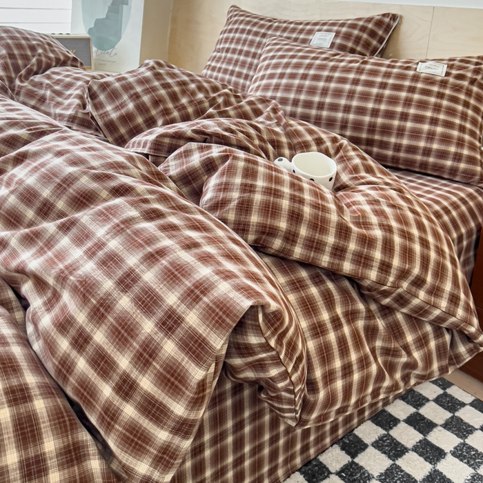 花香四季家纺 2026新款简约全棉高织高密色织纯棉水洗棉四件套 焦糖