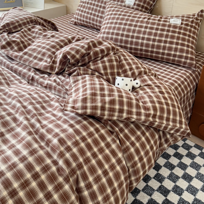 91家纺网 家纺一手货源 找家纺 花香四季家纺 2026新款简约全棉高织高密色织纯棉水洗棉四件套 焦糖