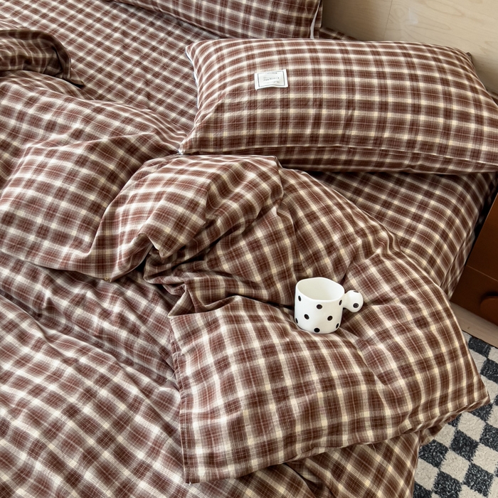 91家纺网 家纺一手货源 找家纺 花香四季家纺 2026新款简约全棉高织高密色织纯棉水洗棉四件套 焦糖